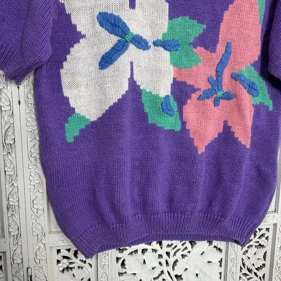 Vintage Recent‎ Works Purple Floral Pastel Short Sleeve Grannycore Sweater - Picture 2 of 8
